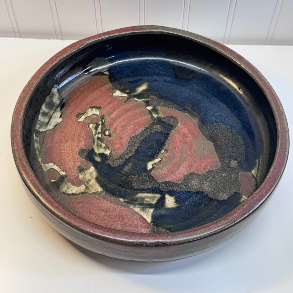 Handmade Studio Pottery Bowl Large Blue Red Abstract Glaze Stoneware Art Boho